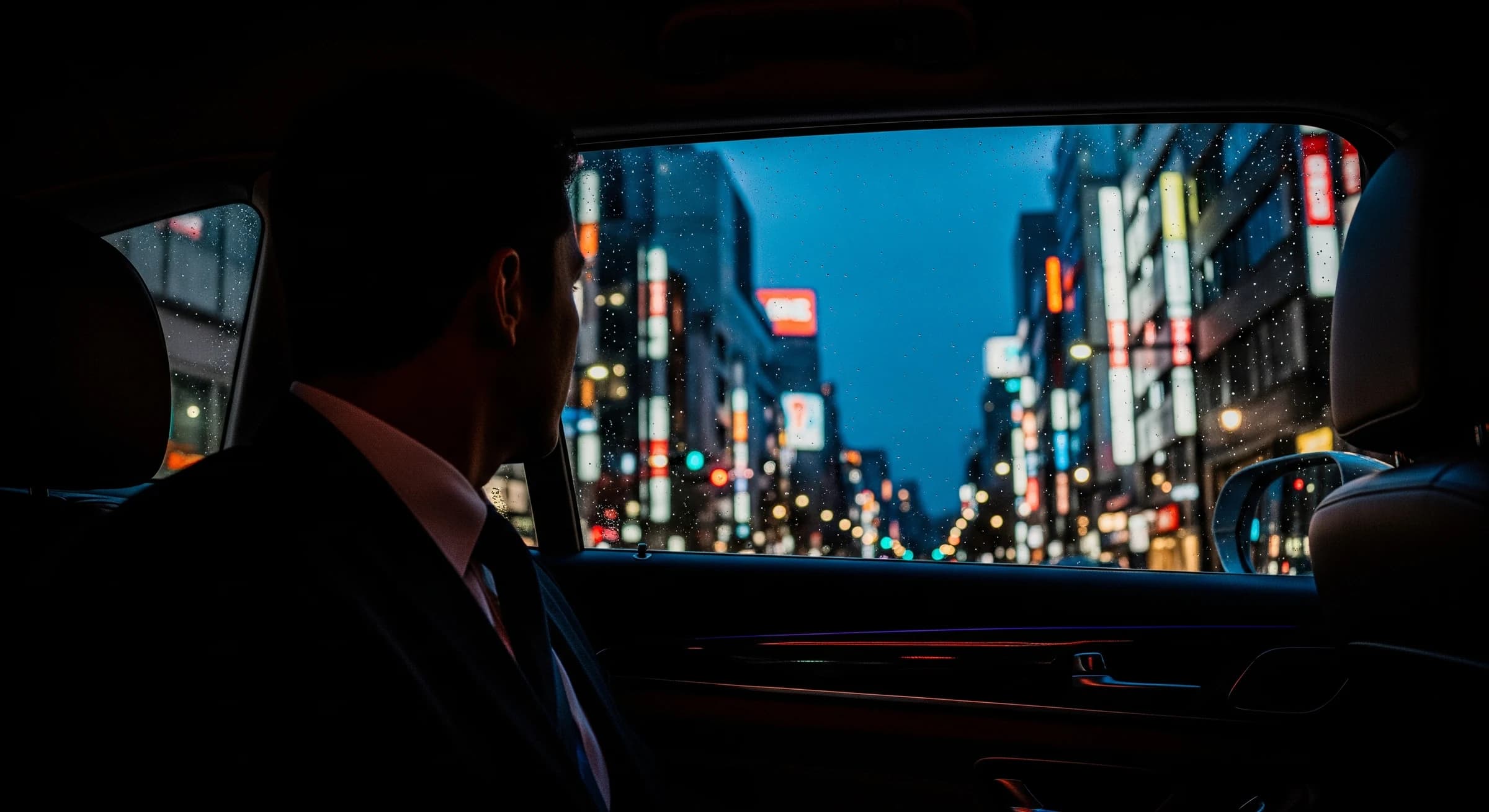 夕暮れの車内から街を見る人物