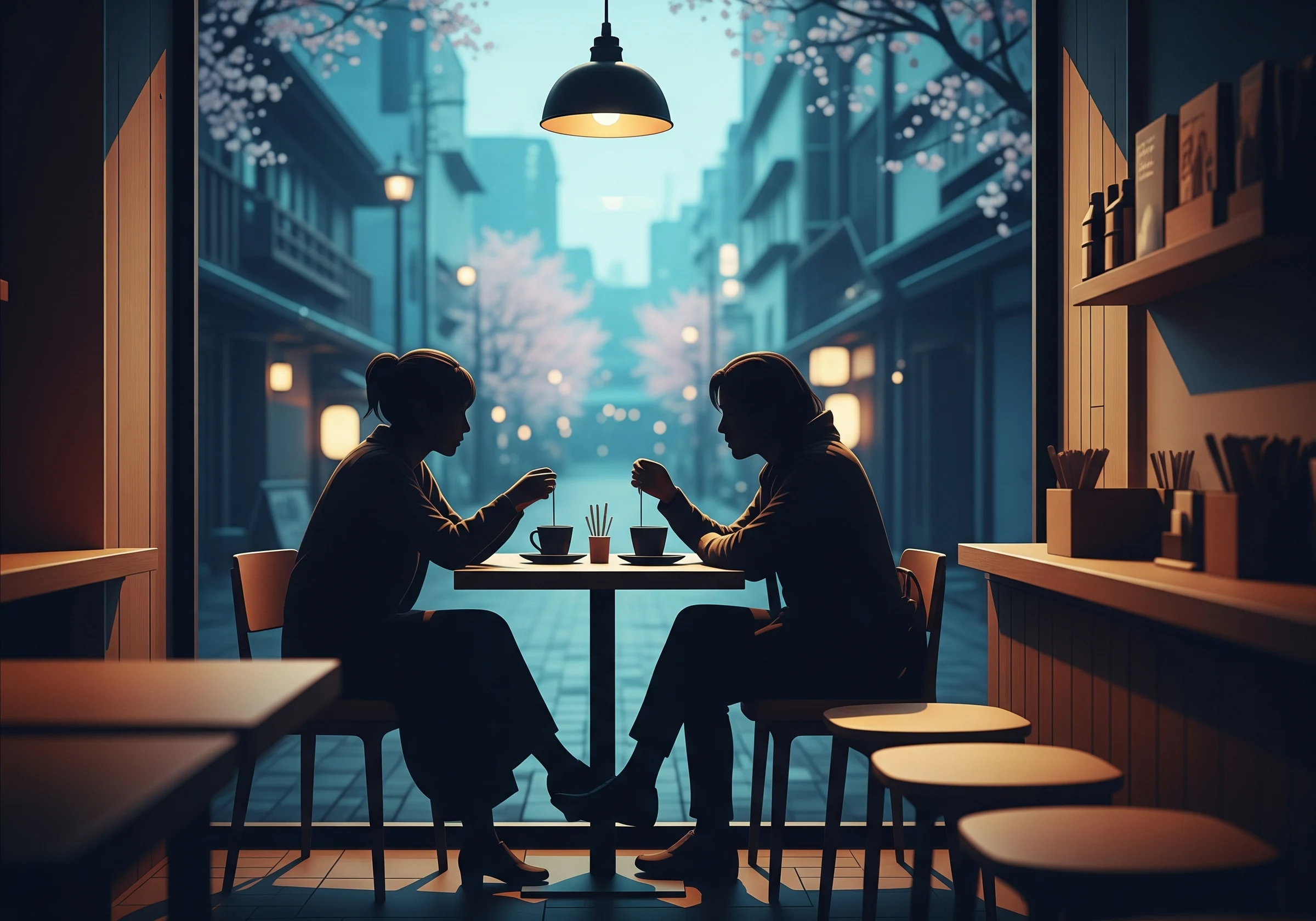 カフェで語り合う二人のシルエット