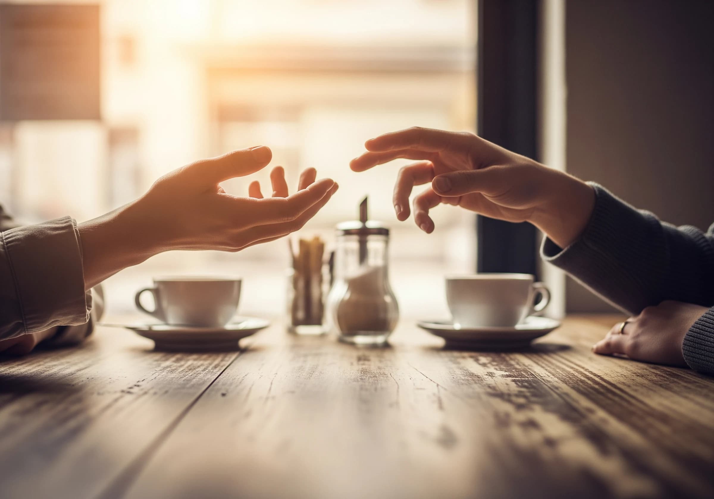 カフェのテーブルで触れ合う手元
