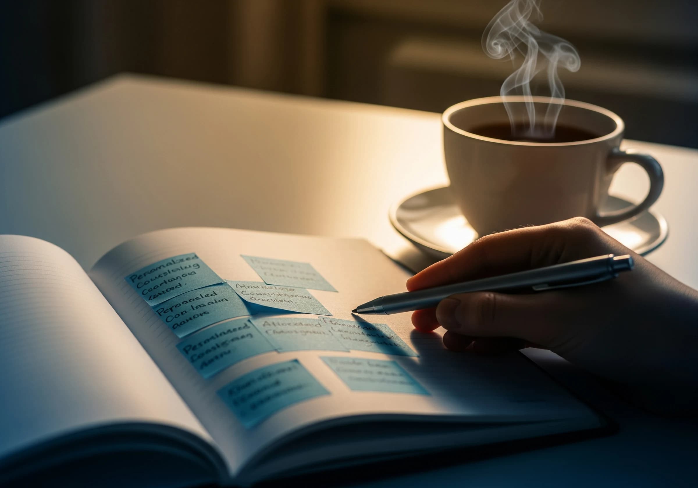 デスクに置かれたノートとお茶