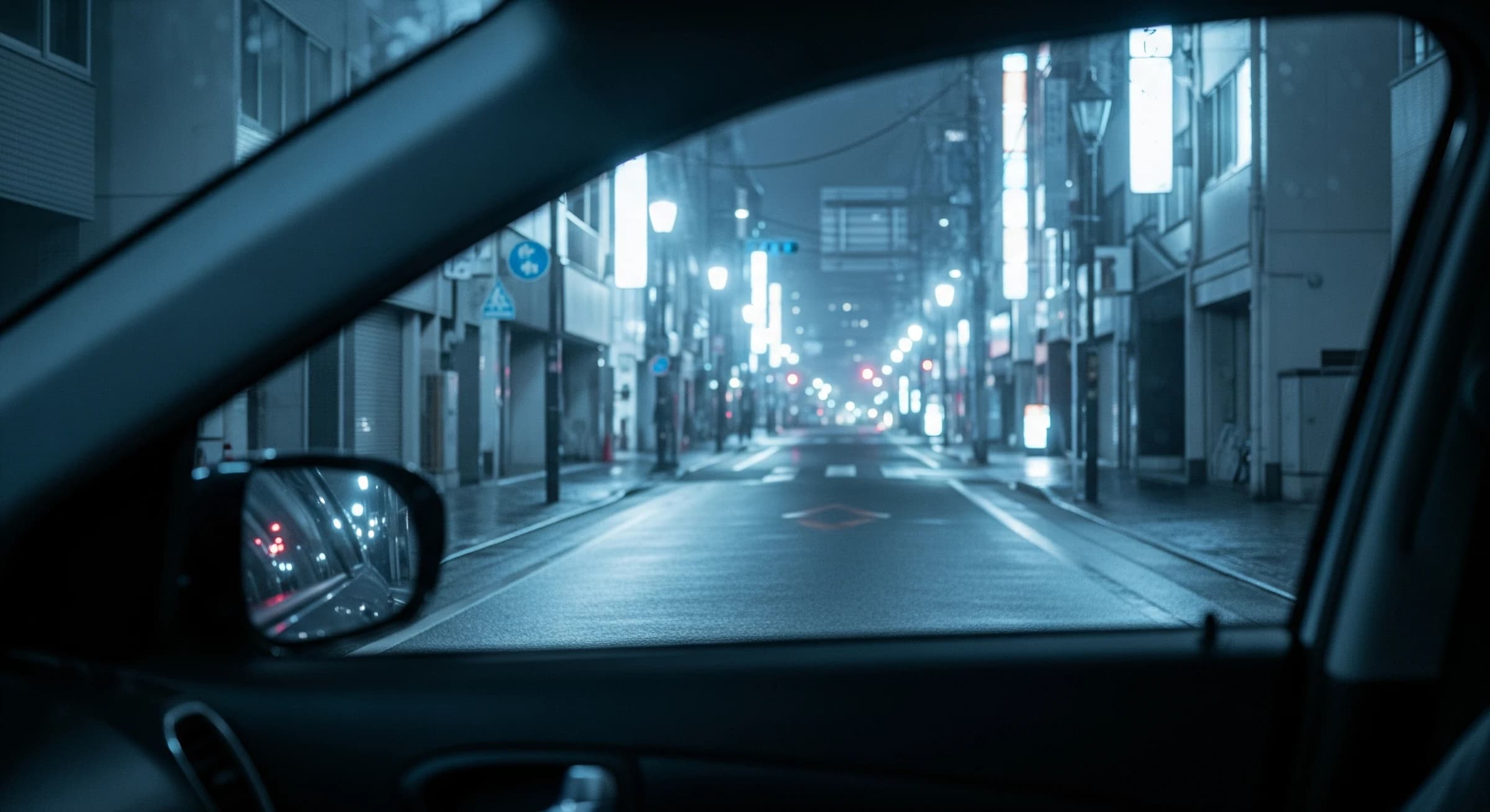 夜の街並みを車窓から見る様子